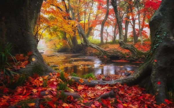 Earth Fall Leaf Tree Stream Colors Oil Painting HD Wallpaper | Background Image