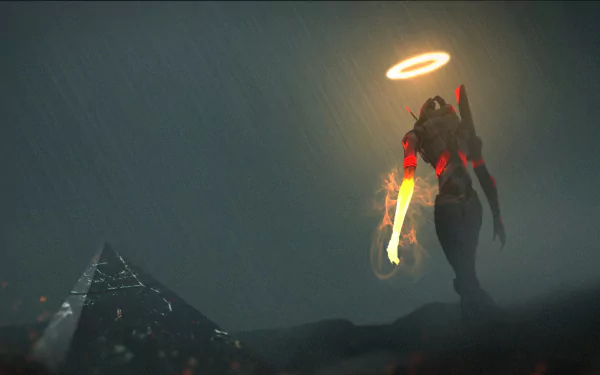 HD PC desktop wallpaper featuring Evangelion Unit-01 from Neon Genesis Evangelion, depicted with a glowing halo in a dark, rainy atmosphere.