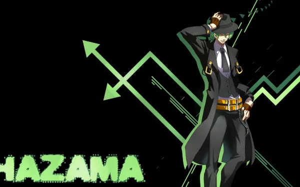 HD PC desktop wallpaper of Hazama from Blazblue, featuring anime-style art with dynamic green arrow graphics on a black background.