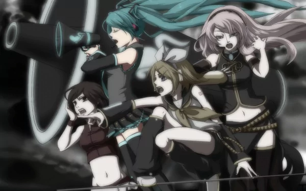 HD anime-style desktop wallpaper featuring Vocaloid characters Hatsune Miku, Luka Megurine, Meiko, and Rin Kagamine performing energetically with speakers in the background.