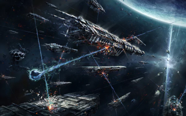 HD PC desktop wallpaper: The Three-Body Problem sci‑fi space battle — massive spaceships trade energy beams above a distant planet.