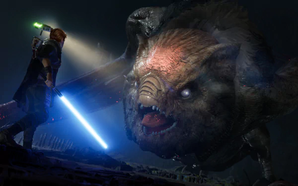Cal Kestis, lightsaber drawn, confronts a giant reptilian beast in a dark cavern — Star Wars Jedi: Fallen Order video game 2K Quad HD PC desktop wallpaper background.