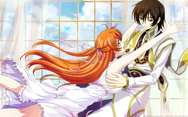 Lelouch Lamperouge and Shirley Fenette from Code Geass share an intimate moment in this HD anime wallpaper, featuring a bright, airy background with elegant details.