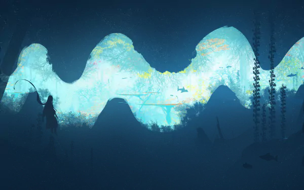 4K Ultra HD anime-style underwater scene with abstract glowing shapes and marine life, designed as a vivid PC desktop wallpaper and background.