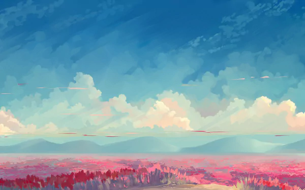 An HD desktop wallpaper featuring an anime landscape with a vibrant flower field under a blue sky with scattered clouds.
