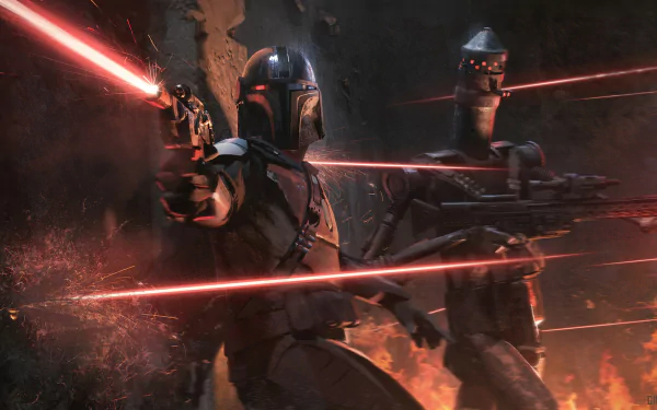 HD PC desktop wallpaper featuring IG-11 and The Mandalorian from the TV show The Mandalorian, depicted in action with blaster fire and dramatic lighting.