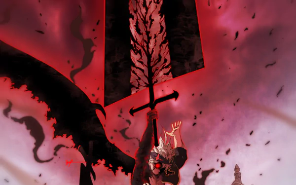HD desktop wallpaper featuring Asta from the anime Black Clover, wielding a large sword with a dark aura surrounding him, set against a dynamic and intense red-tinted background.