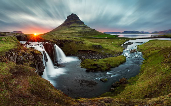 waterfall Kirkjufoss river nature Iceland panorama Kirkjufell HD Desktop Wallpaper | Background Image