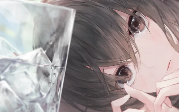 Anime artwork featuring a character with brown eyes and brown hair, gently gazing at a glass of water. High-definition desktop wallpaper.