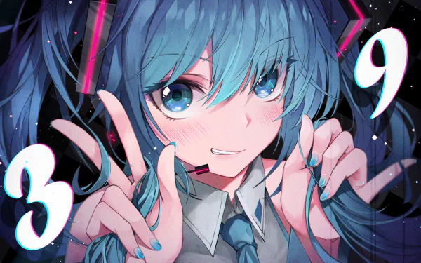 HD desktop wallpaper featuring Hatsune Miku from Vocaloid, animated with turquoise hair and playful expression surrounded by whimsical numbers.