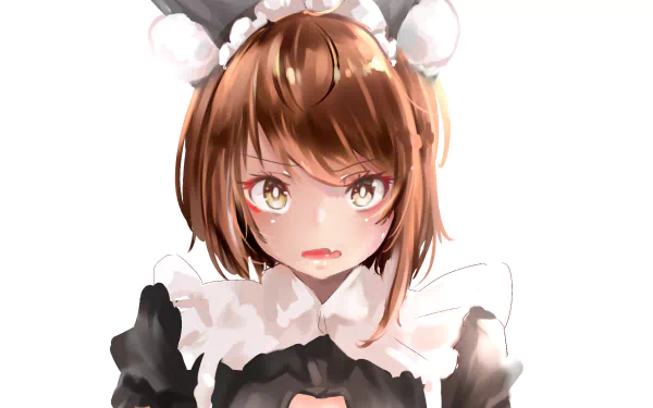 Anime-style original character with brown hair and expressive eyes, wearing a black and white maid outfit, designed as an HD PC desktop wallpaper.