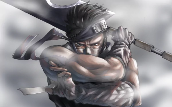 HD desktop wallpaper featuring Zabuza Momochi from the anime Naruto, showcasing his intense stare and large sword in a dynamic, misty background.