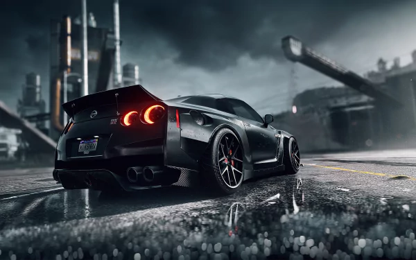 Nissan GT-R in a rainy urban setting from the video game Need for Speed Heat, rendered as a 4K Ultra HD PC desktop wallpaper and background.