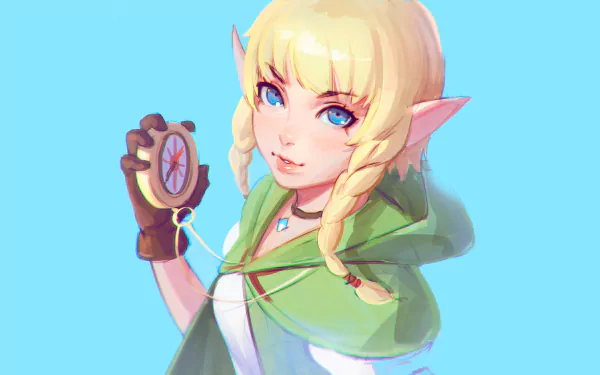 HD PC wallpaper of Linkle — blonde elf with pointed ears and blue eyes, braided hair and green cloak, holding a compass against a pale blue background.