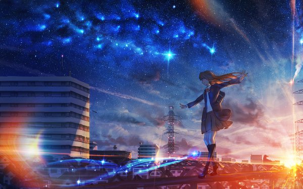 Anime Original City Sunset Starry Sky HD Wallpaper | Background Image