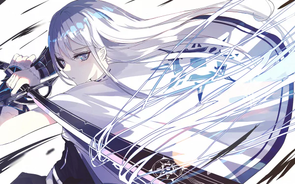 Anime character with long white hair and grey eyes wielding a sword. The HD wallpaper depicts a dynamic scene with fluid motion lines, making it a striking desktop background.