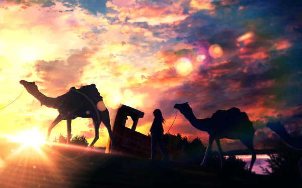 Original anime HD PC desktop wallpaper: silhouetted camels and a handler crossing dunes at sunrise beneath a vivid, painterly sky.