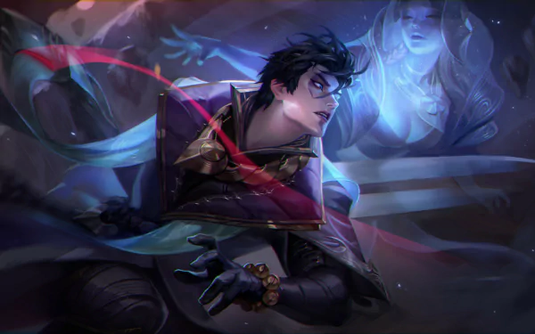 HD PC desktop wallpaper of Aphelios (League of Legends): brooding, moonlit marksman surrounded by spectral blue figures and swirling ribbons, cinematic video game artwork.