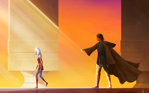 HD sci-fi Star Wars desktop wallpaper featuring Jedi Anakin Skywalker reaching out to Ahsoka Tano against a vibrant orange and yellow background.