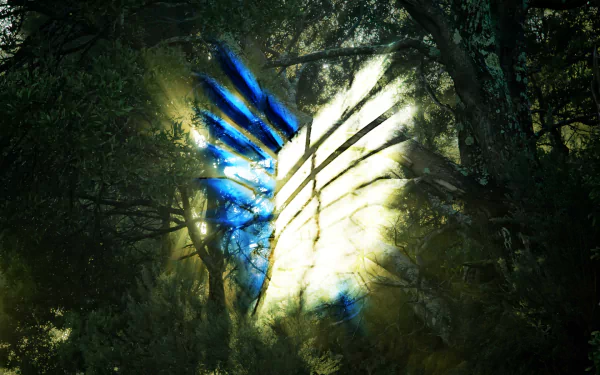 HD PC desktop wallpaper showing the Wings of Freedom Scouting Legion emblem from the anime Attack on Titan — a glowing blue-and-white crest breaking through dark forest shadows.