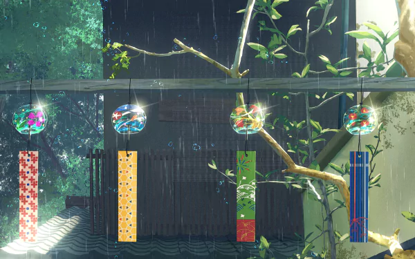 Anime-style HD wallpaper featuring colorful windbells hanging in the rain during summer, set against a serene outdoor background with lush greenery.