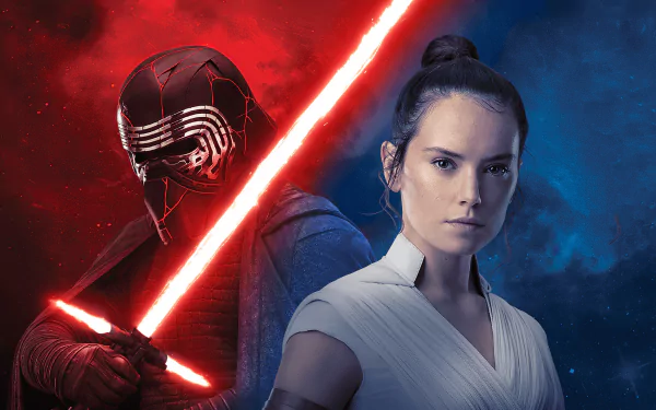 4K Ultra HD Star Wars: The Rise of Skywalker wallpaper featuring Kylo Ren with lightsaber and Daisy Ridley as Rey in a dynamic red and blue background.