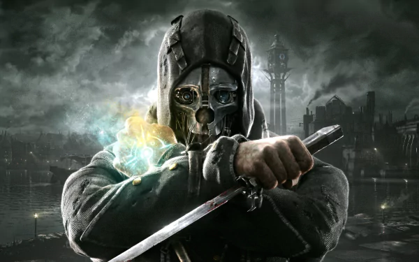 Dishonored video game 2K Quad HD PC desktop wallpaper: hooded masked assassin holds blade and glowing rune against a foggy industrial cityscape.