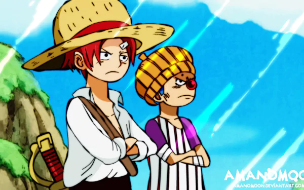 4K Ultra HD PC desktop wallpaper of Shanks (One Piece) and Buggy (One Piece) standing with arms crossed on a sunny anime ocean background.