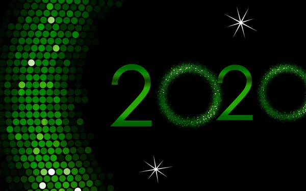 Green HD PC desktop wallpaper: sparkling 2020 New Year holiday design with glowing green numerals, dotted green wave on a black background and glittering starbursts.