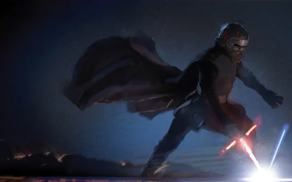 Kylo Ren wielding a crossguard red lightsaber on a dark plain, cinematic image from Star Wars: The Rise of Skywalker — 5K Ultra HD desktop wallpaper
