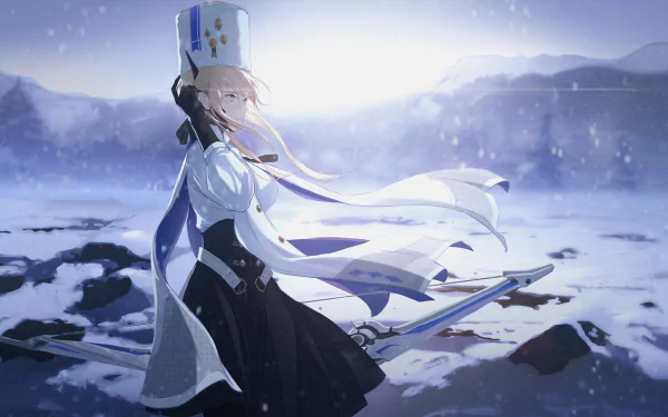 HD desktop wallpaper featuring a character with blonde hair, blue eyes, dressed in a white and black outfit with a bow, set against a snowy backdrop, from the video game Punishing: Gray Raven.