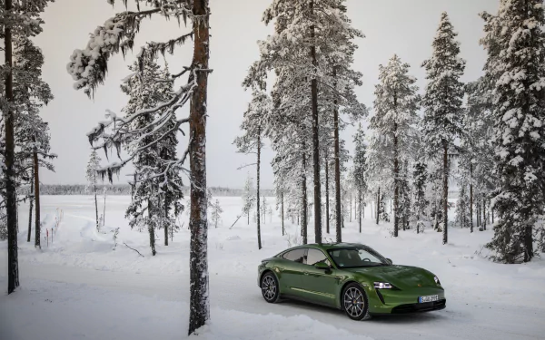 green car winter car Porsche snow vehicle Porsche Taycan 4S HD Desktop Wallpaper | Background Image