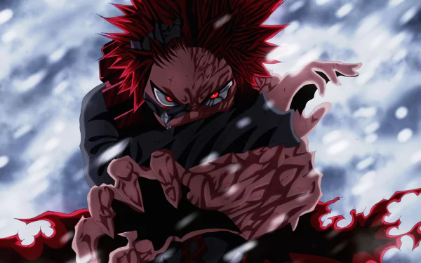 HD PC desktop wallpaper featuring Eijiro Kirishima from the anime My Hero Academia in a dynamic, intense action pose with vivid colors and dramatic effects.