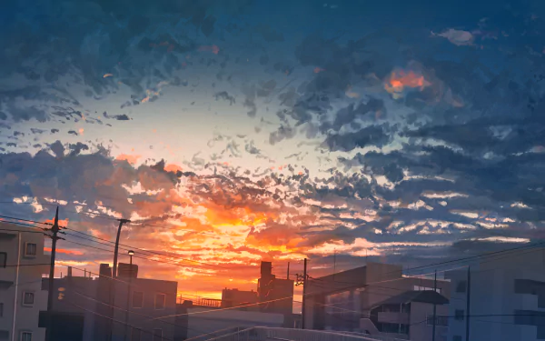 HD desktop wallpaper featuring an anime-style sunset with vibrant orange and blue hues over a cityscape, providing a serene and visually stunning background.