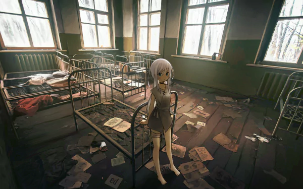 An anime girl stands in an abandoned, deteriorating room with broken beds and scattered papers, illuminated by light streaming through grimy windows. HD desktop wallpaper and background.