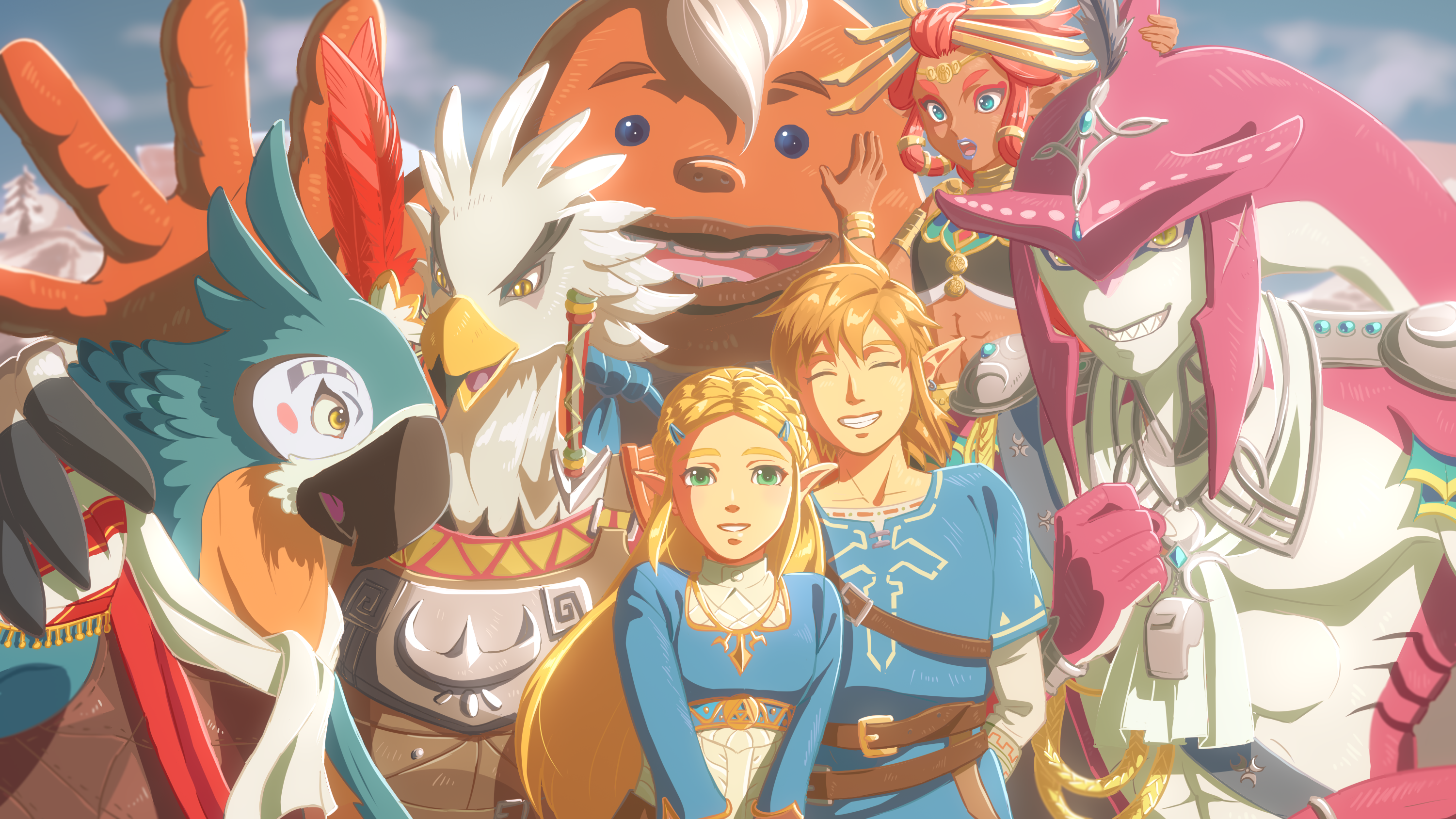 The whole group smiling for a picture in Breath of the Wild by L L L