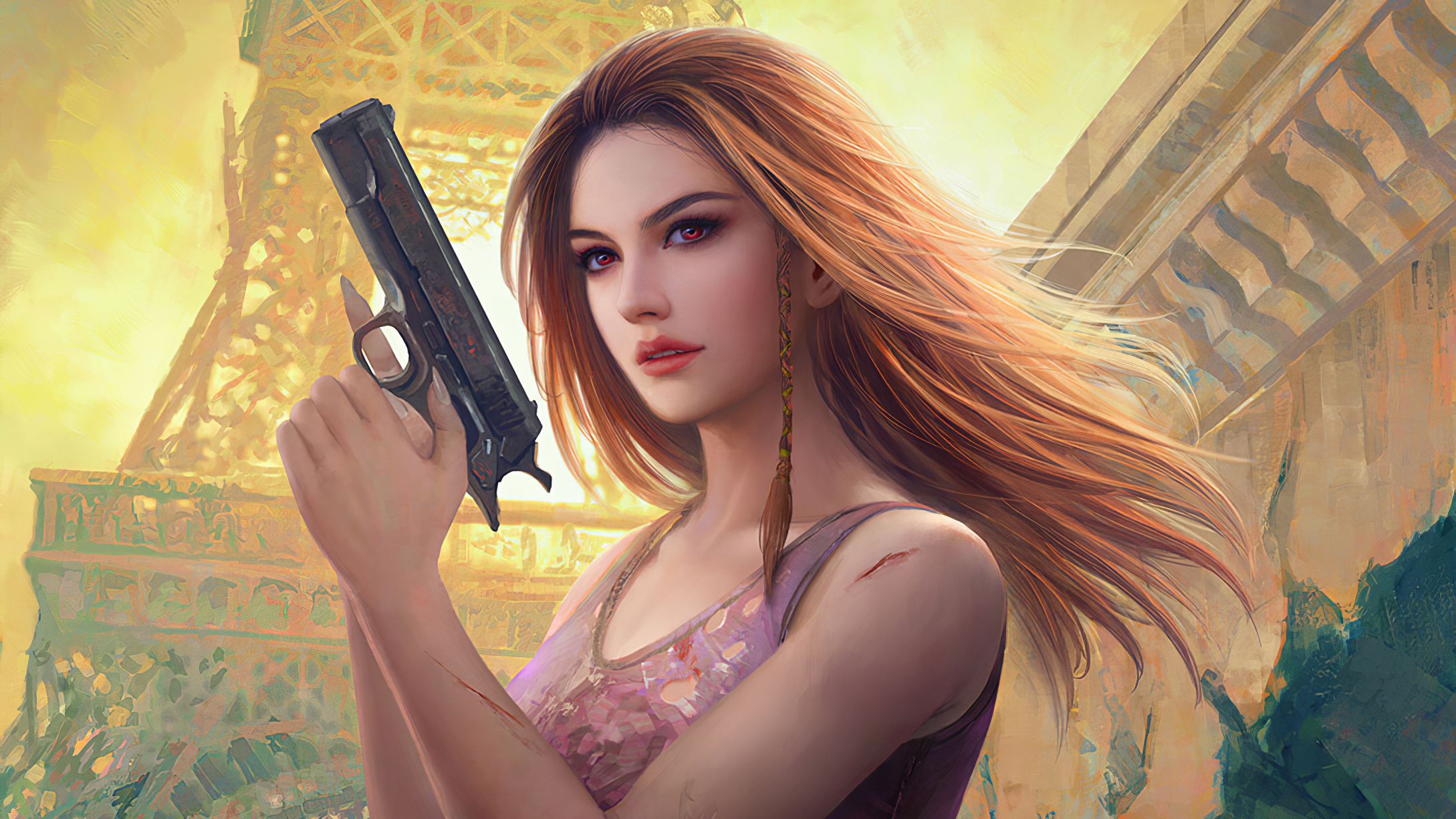 Download Pistol Gun Red Eyes Brown Hair Woman Warrior Fantasy Hd