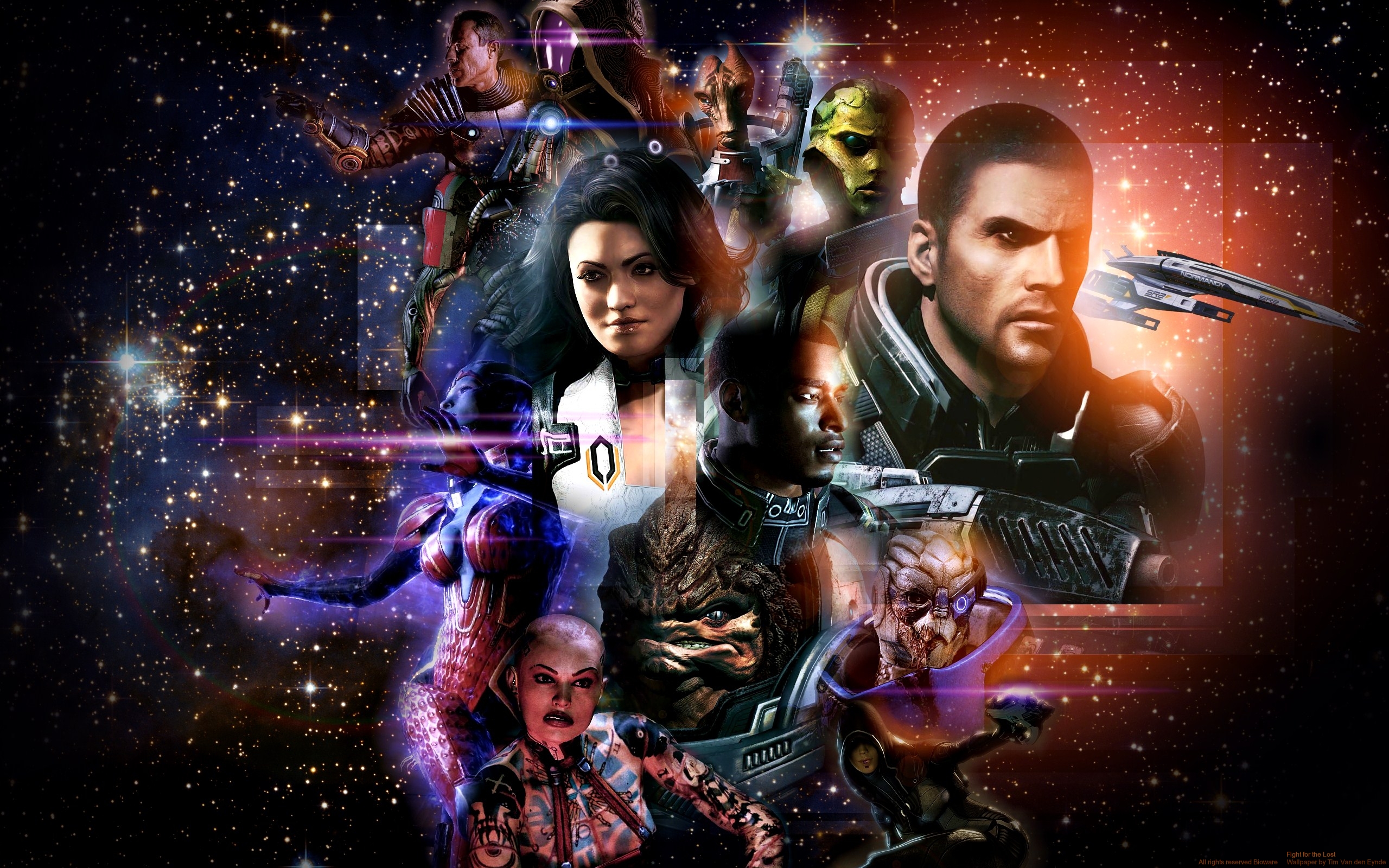 Mass Effect characters in a space-themed desktop wallpaper.