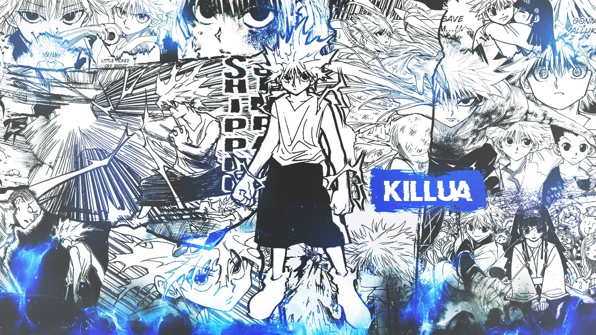 HD desktop wallpaper featuring Killua Zoldyck from the anime Hunter x Hunter, showcasing a monochrome collage of dynamic scenes with a central colored image of Killua.