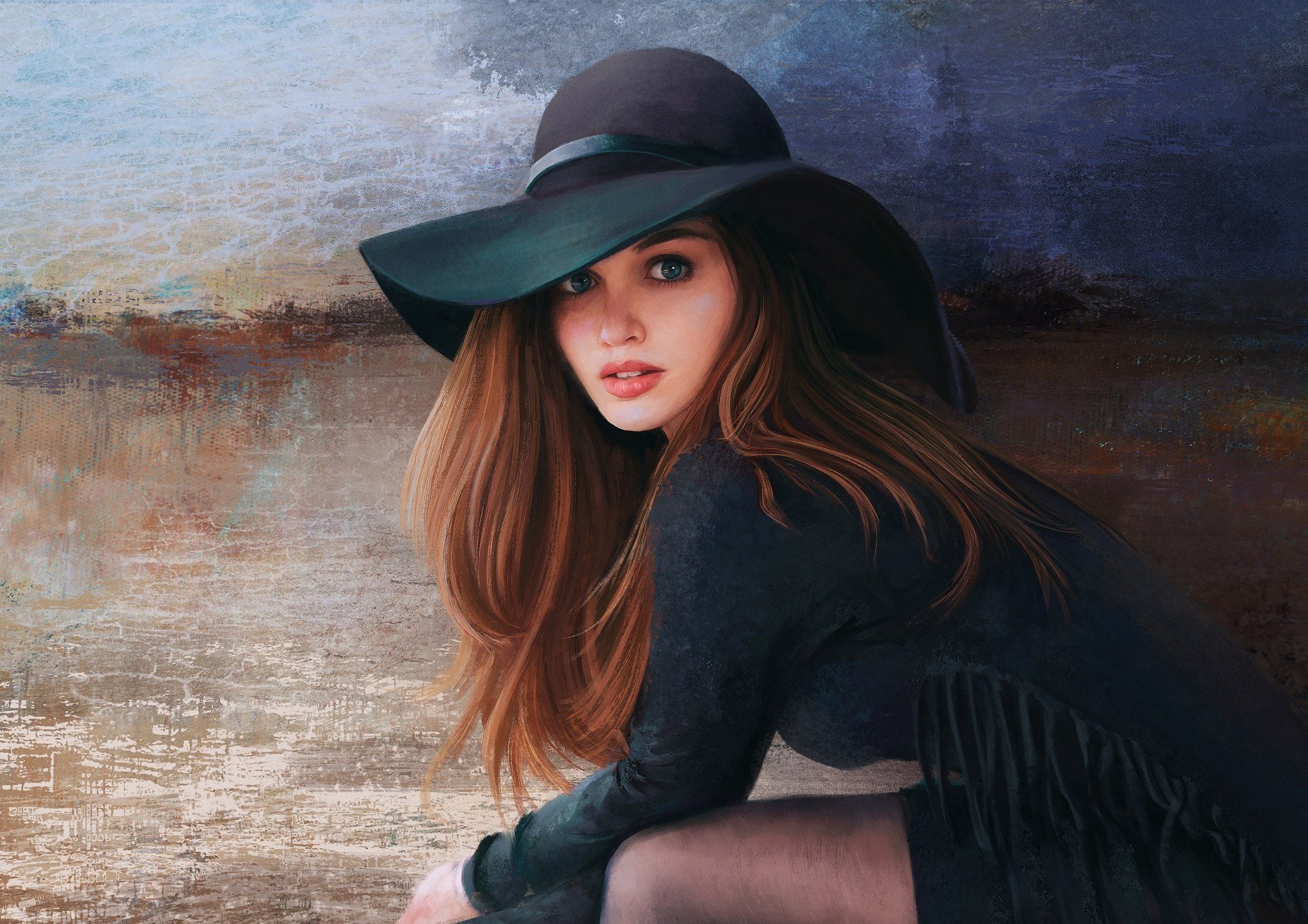 Artistic HD desktop wallpaper depicting a woman with long brown hair, blue eyes, and a wide-brimmed hat against a textured background.