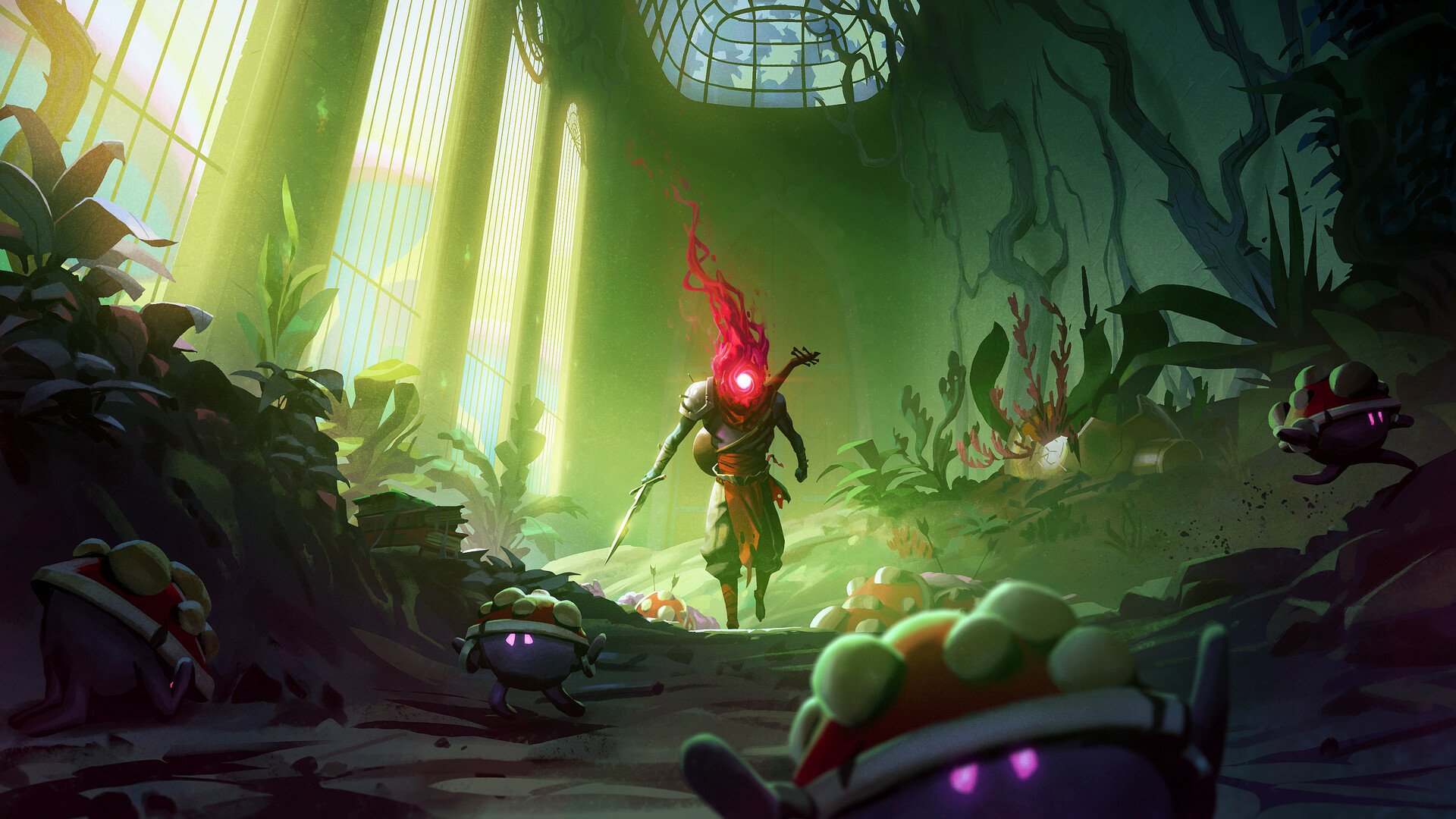 HD PC desktop wallpaper featuring a vibrant, atmospheric scene from the video game Dead Cells, showcasing a glowing character in a lush, mysterious environment.