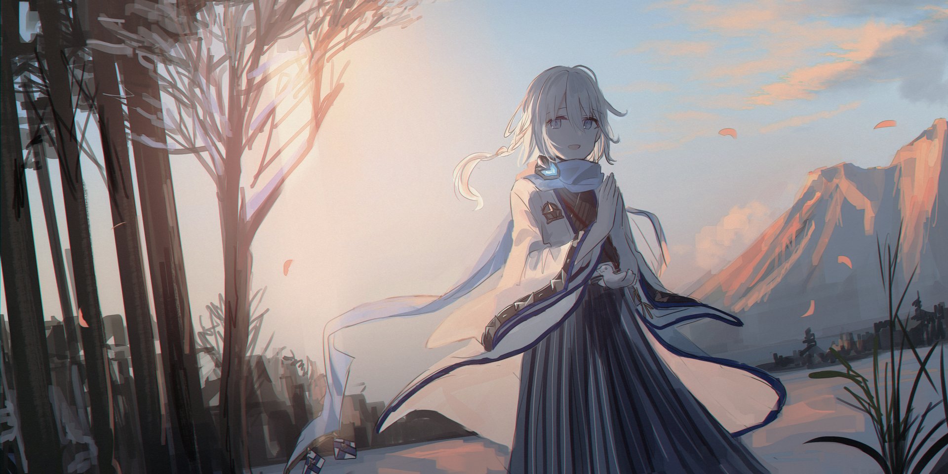 Noah from Granblue Fantasy with long hair stands in a serene landscape at sunrise, captured in an anime-style HD desktop wallpaper.