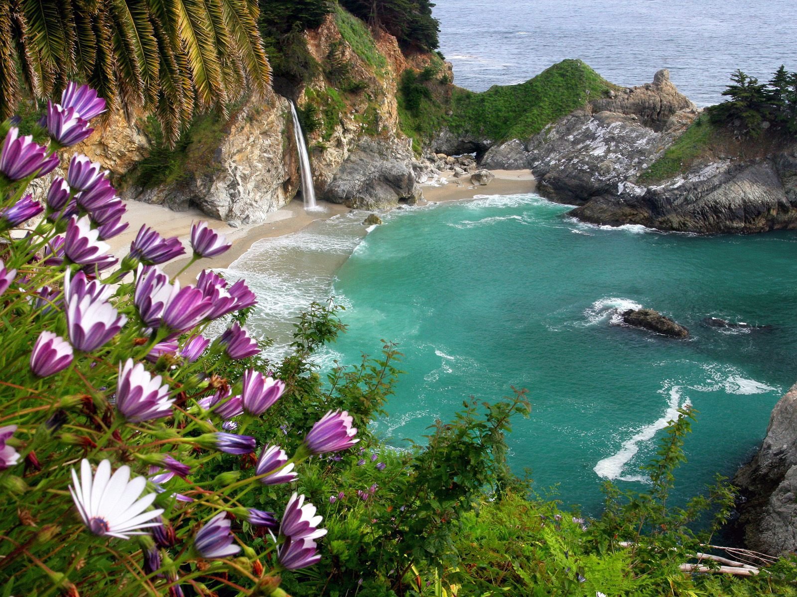 HD PC desktop wallpaper showcasing a serene beach with turquoise waters, rocky cliffs, a small waterfall, and vibrant purple flowers in the foreground.