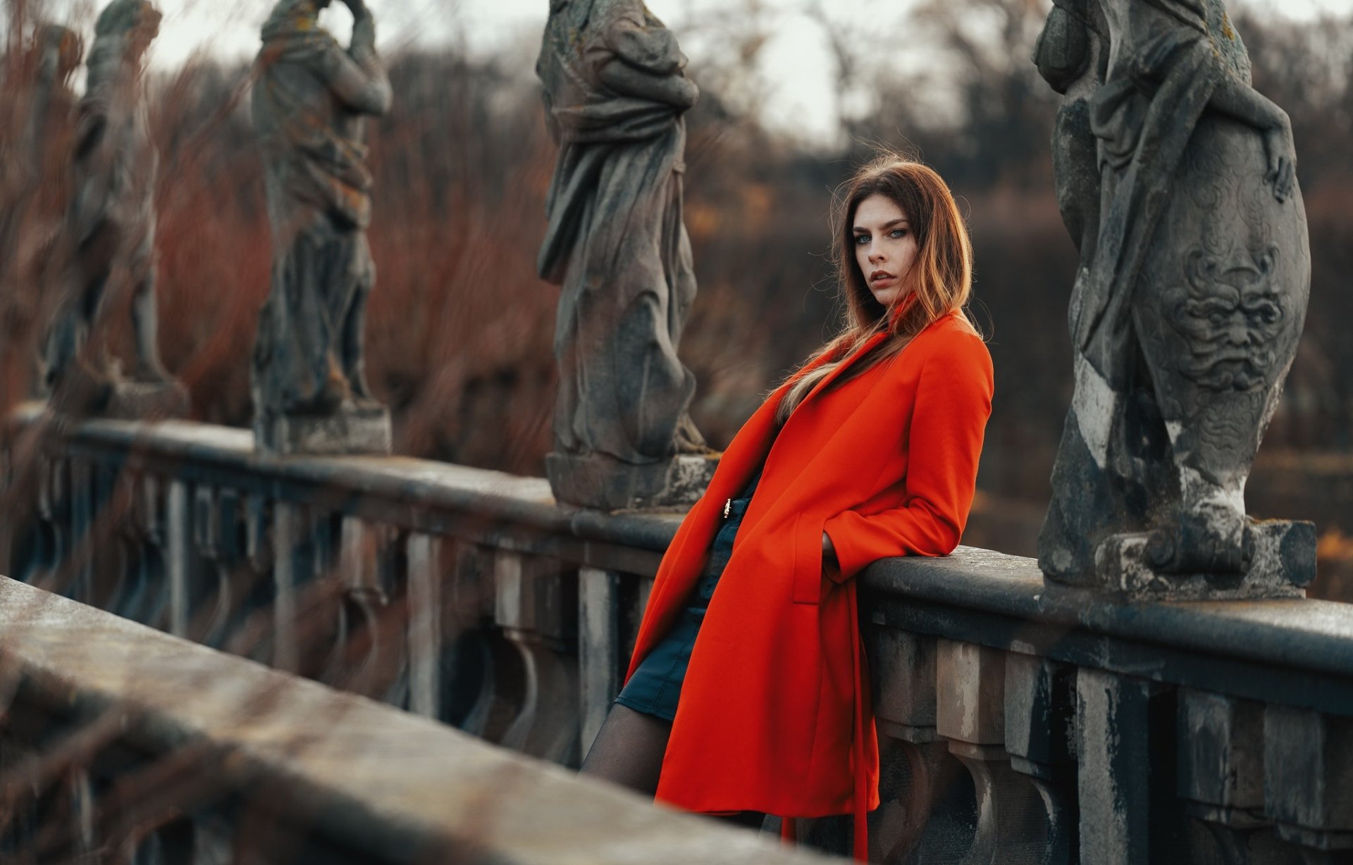 Download Brunette Coat Woman Model HD Wallpaper