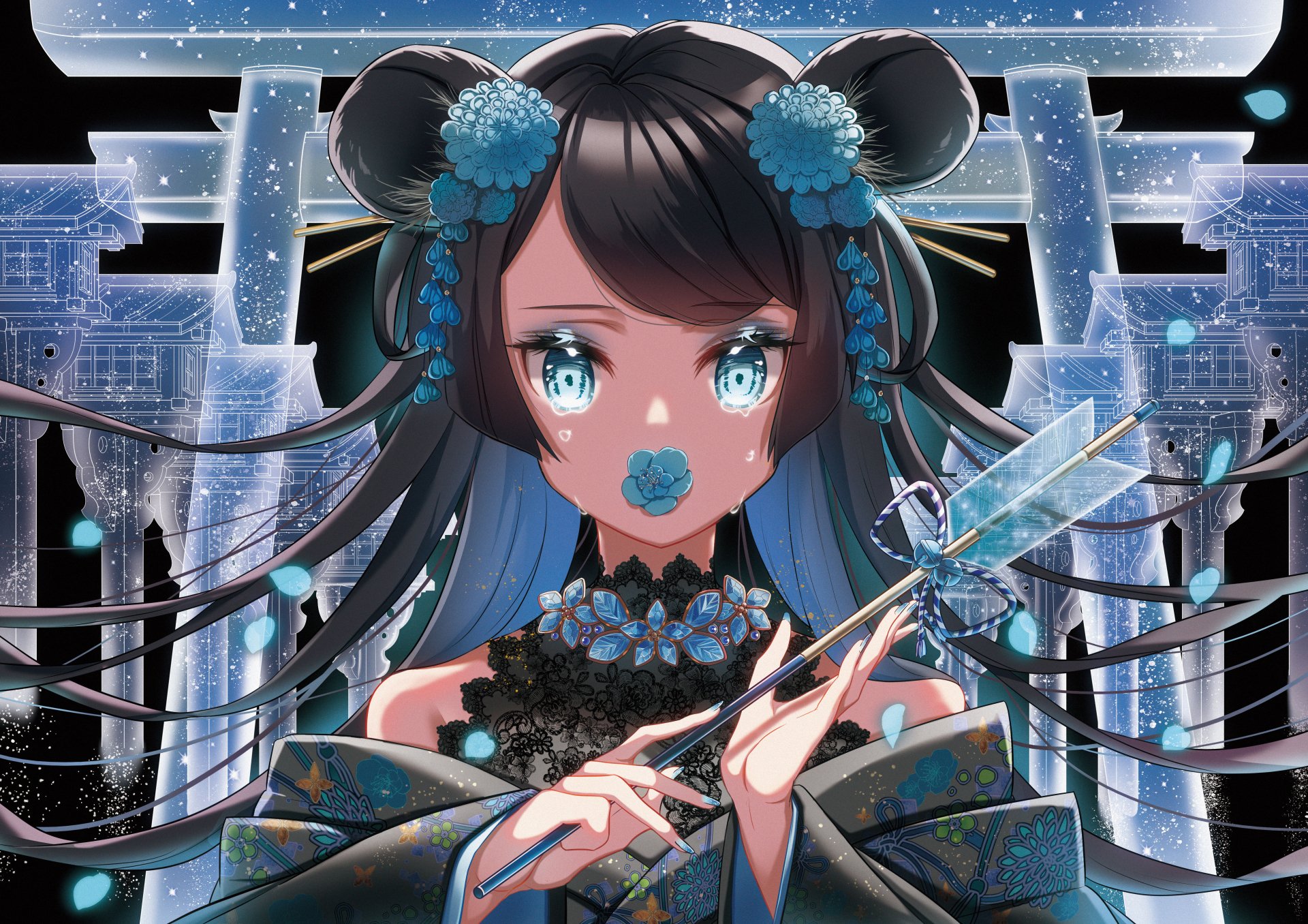 Anime girl with striking blue eyes and tears, adorned with flowers, set against a glowing, intricate backdrop in 4K Ultra HD.