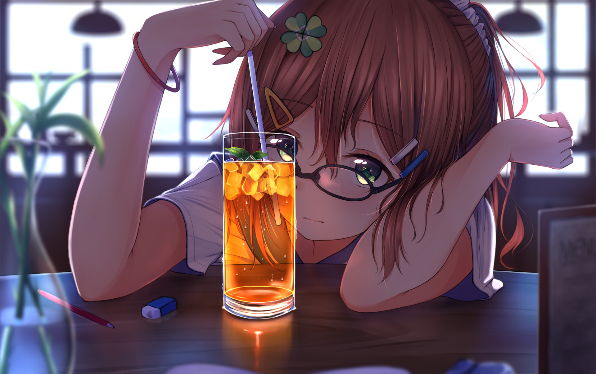 Anime girl with glasses, green eyes, and brown hair leans on a table, stirring a drink in a glass, with various items and plants around her. HD desktop wallpaper and background.
