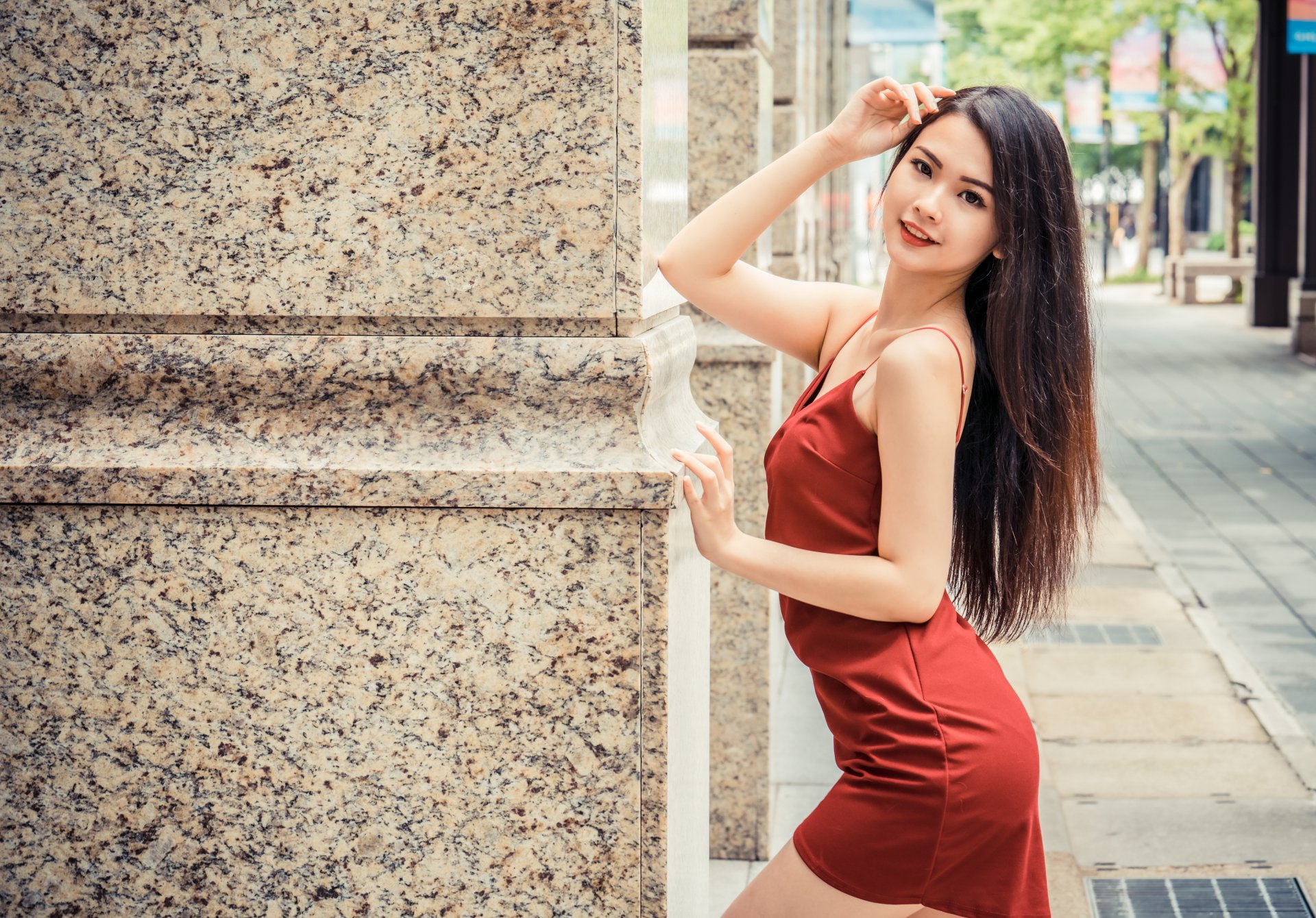 Download Brunette Long Hair Red Dress Model Woman Asian 4k Ultra Hd