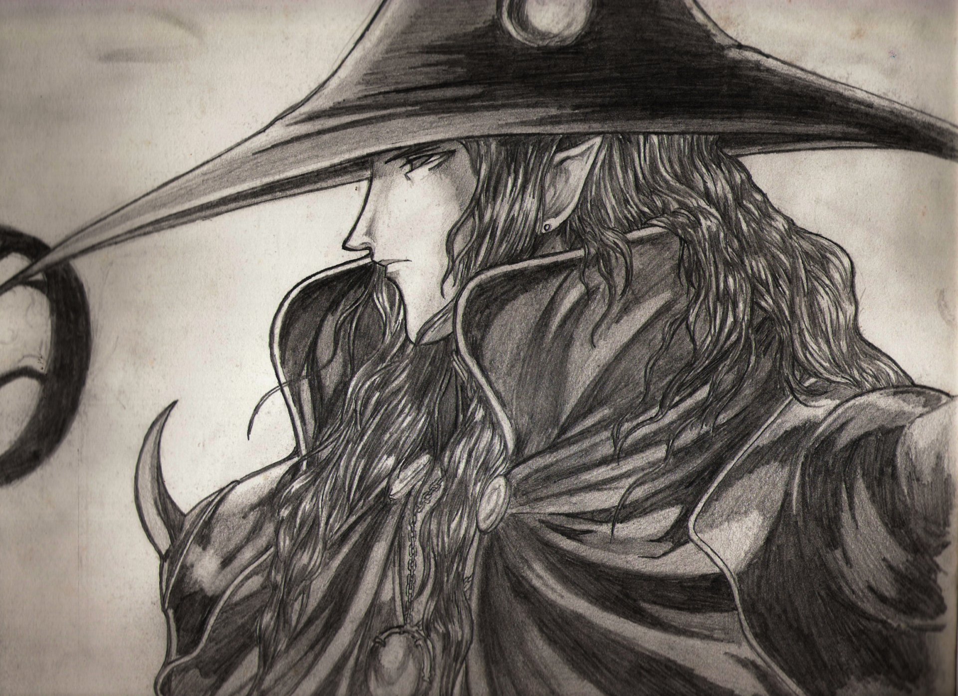 Black and white anime-style illustration of Vampire Hunter D with flowing hair and wide-brimmed hat, designed as an HD PC desktop wallpaper background.