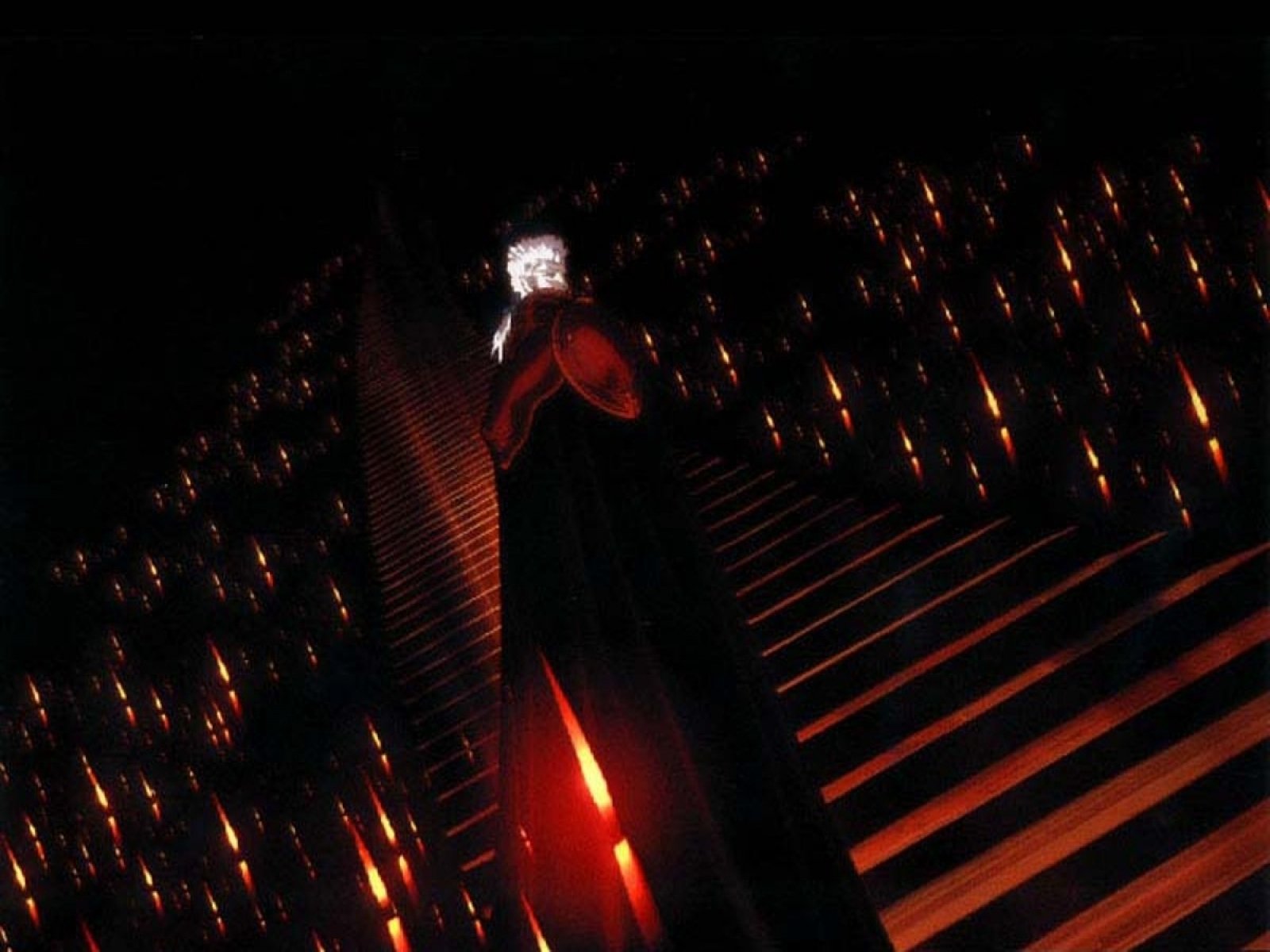 Dark, atmospheric HD anime wallpaper featuring Vampire Hunter D standing amidst glowing red lights and shadows, highlighting a gothic vampire theme.