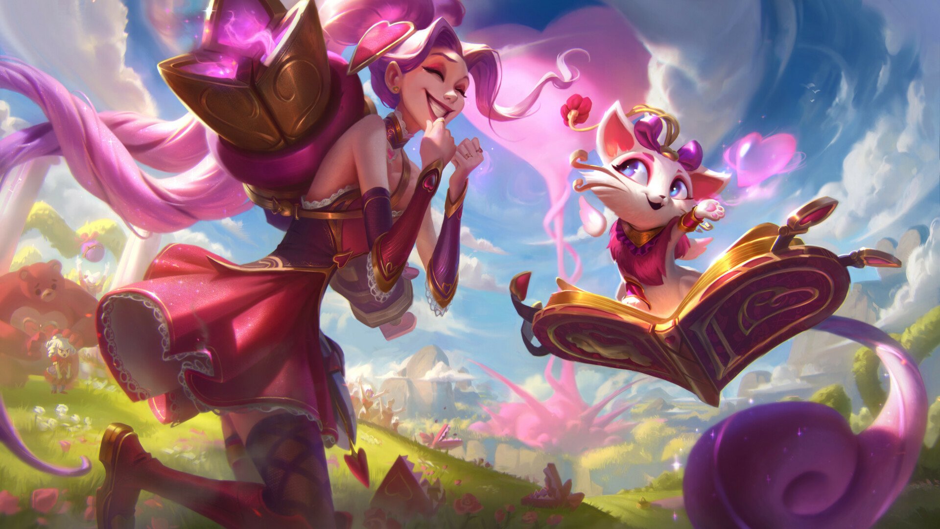 HD PC desktop wallpaper featuring Yuumi and Jinx from League of Legends in a vibrant, colorful video game scene with dynamic, playful energy.